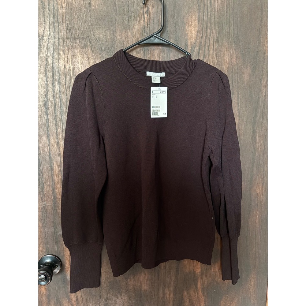 HM Womens Puff Sleeve Fine Knit Sweater Brown Crew Neck NWT Small